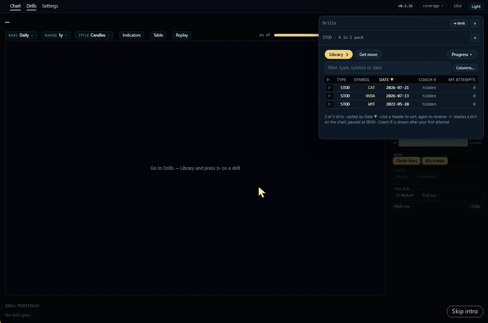 The Edge S2 Desktop intro tour in the dark theme: pick the NVDA 2026-07-13 drill, peek at the coach's chart, size a limit short at 209.06 in R and place it at 09:40, move the stop to entry and then to +1R, and close for +1.00R; End and compare puts it beside Dr. Long's four legs for +3.52R.